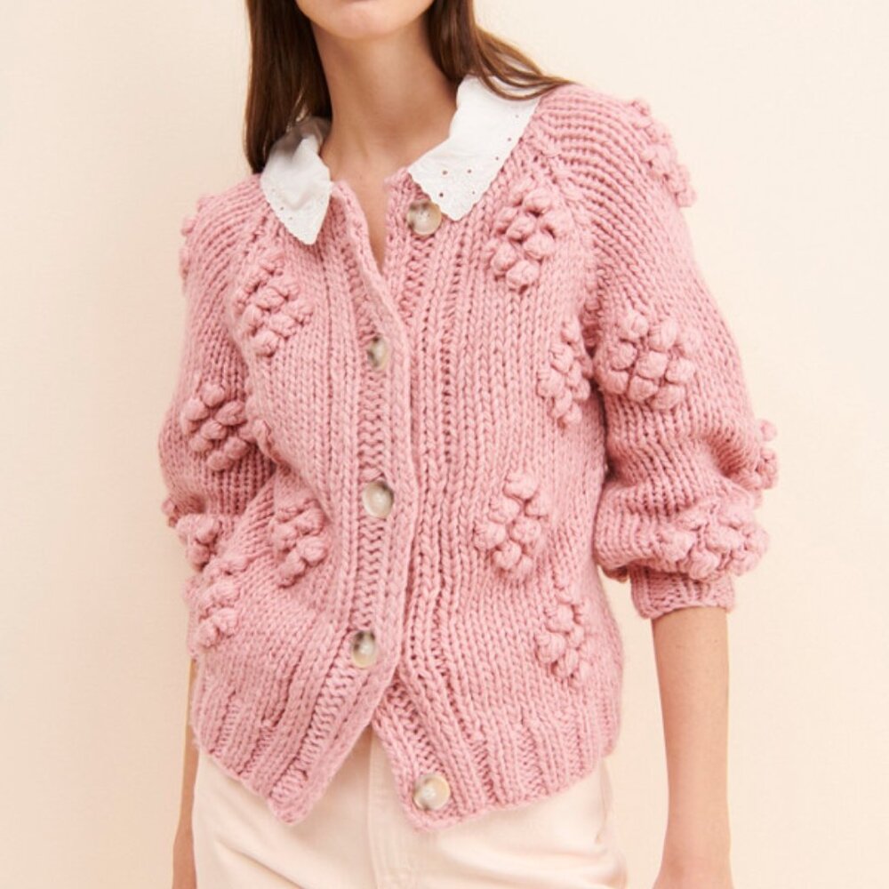 Greylin Anthropologie Cardigan Crochet Chunky Knit Pom Pom Dusty Rose Pink | S